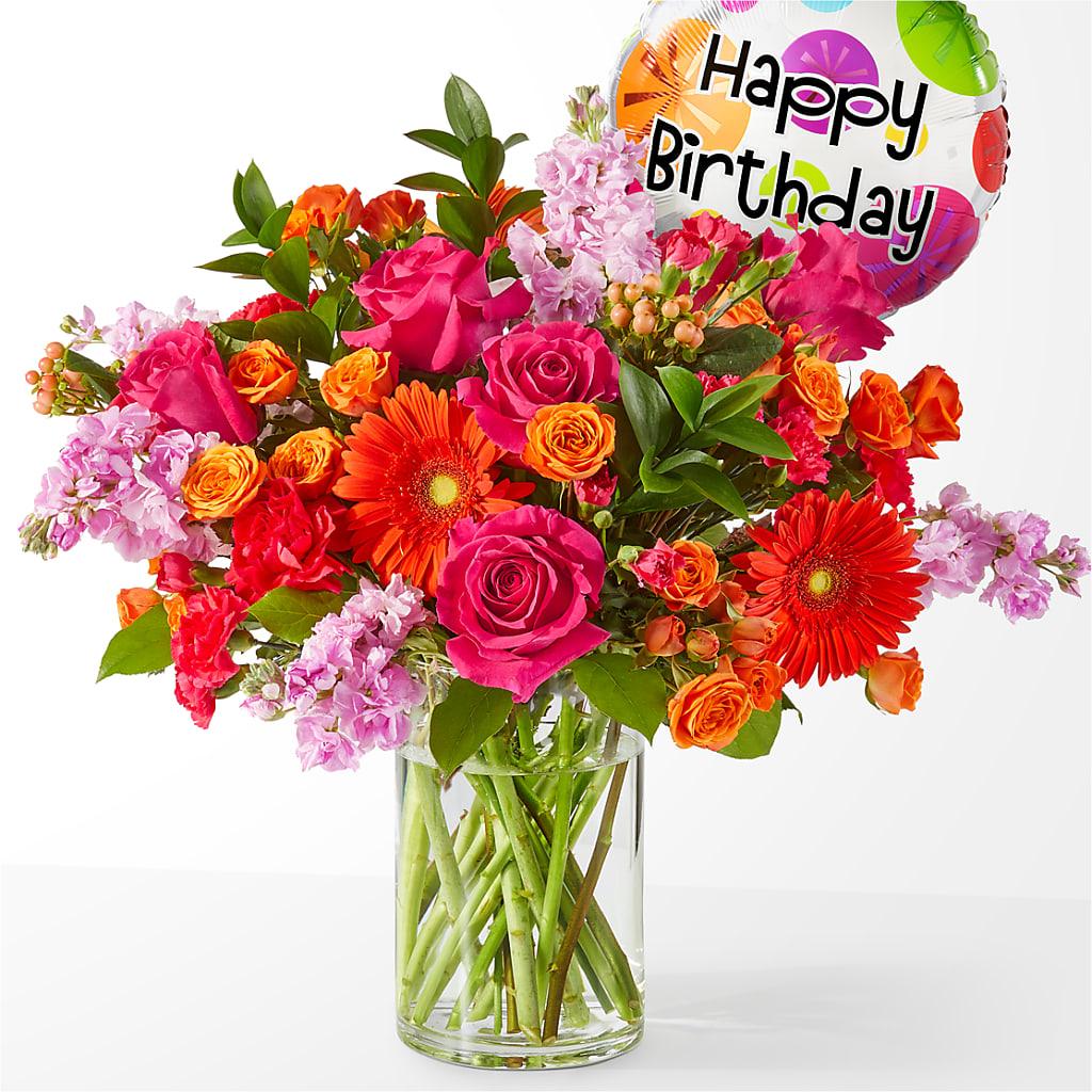 Fiesta Bouquet with Birthday Balloon – Cornerstone Florals, Katy TX