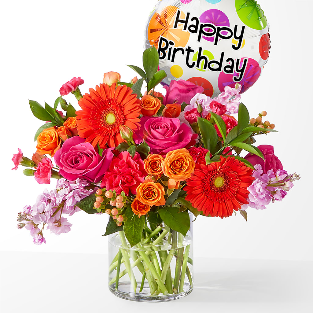 Fiesta Bouquet with Birthday Balloon – Cornerstone Florals, Katy TX