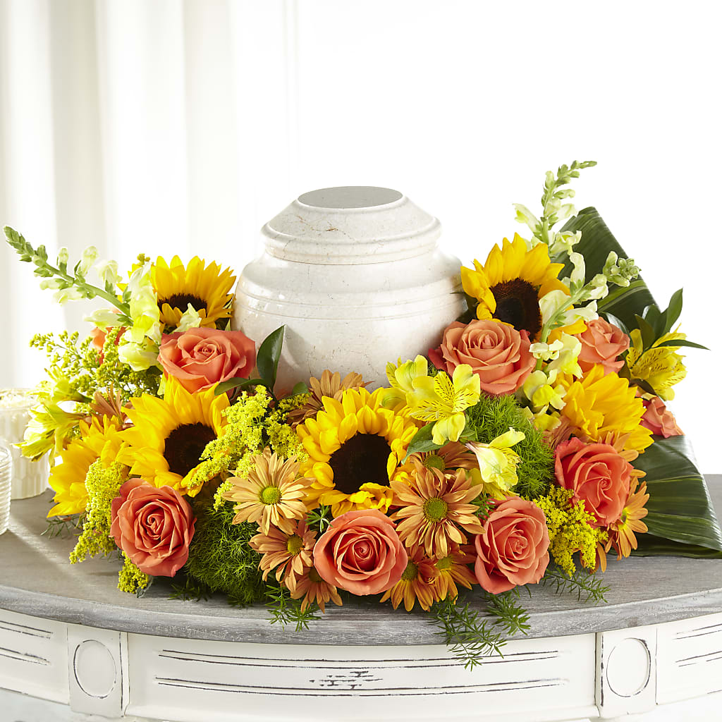 Faithful Sunflower Cremation Adornment – Cornerstone Florals, Katy TX
