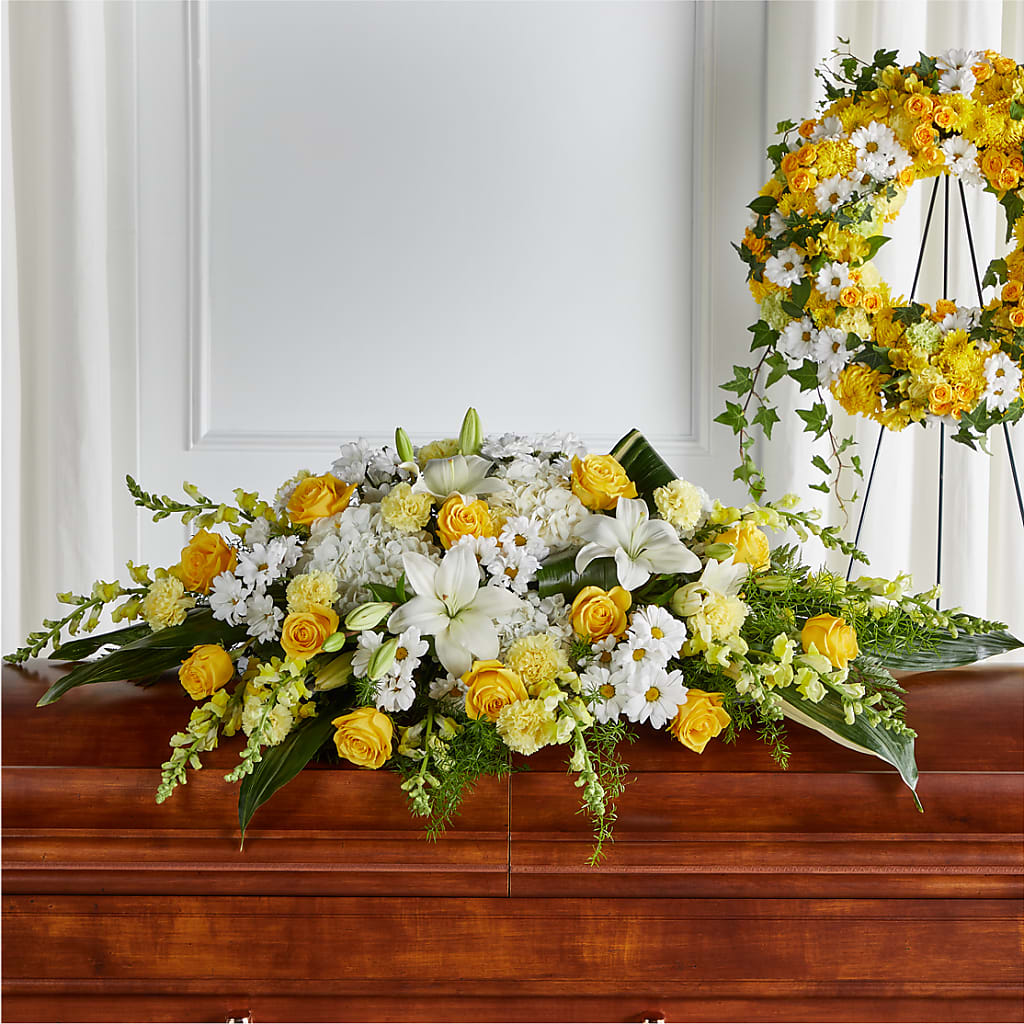 Golden Harmony Casket Spray – Cornerstone Florals, Katy TX