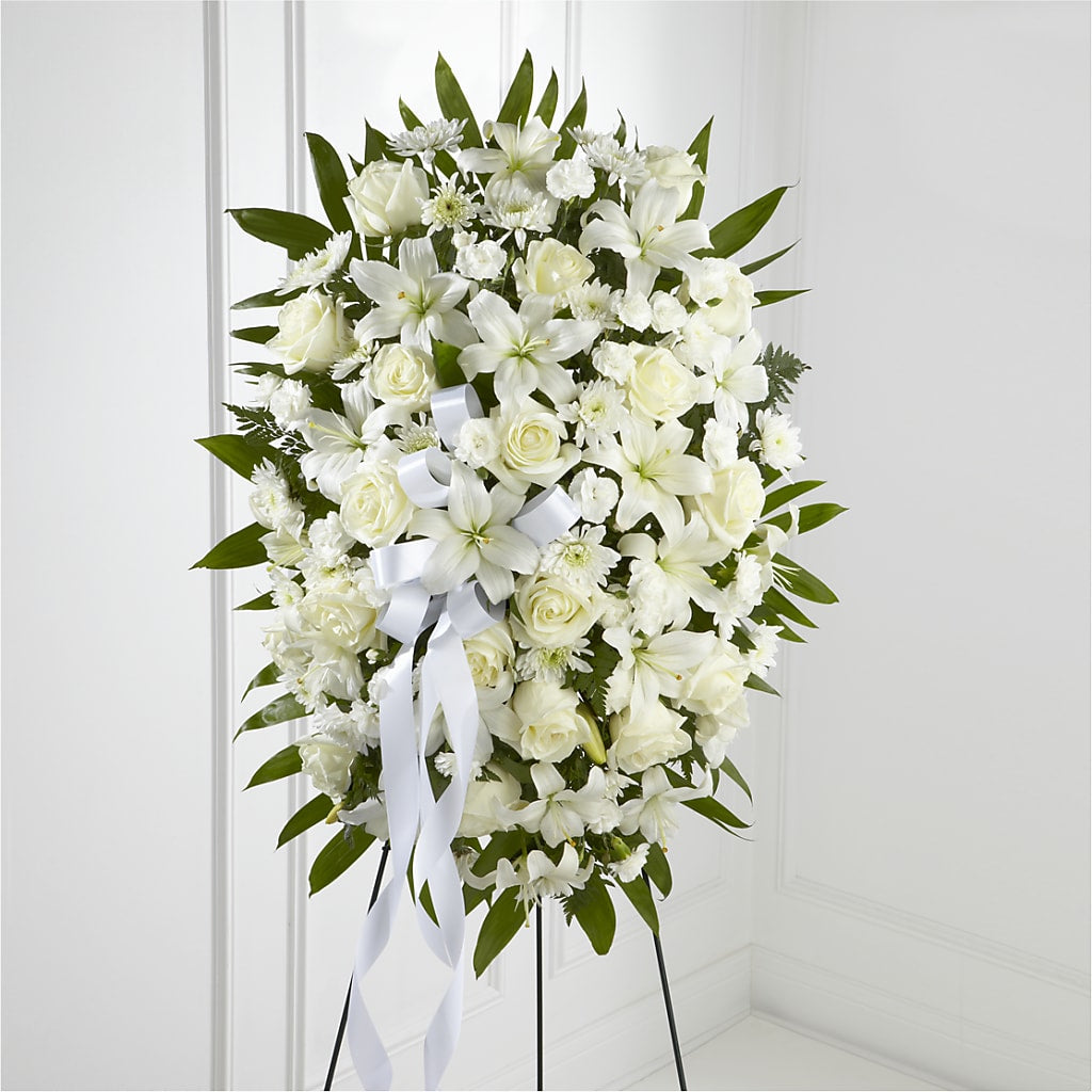 Exquisite Tribute Standing Spray-White Ribbon – Cornerstone Florals, Katy TX