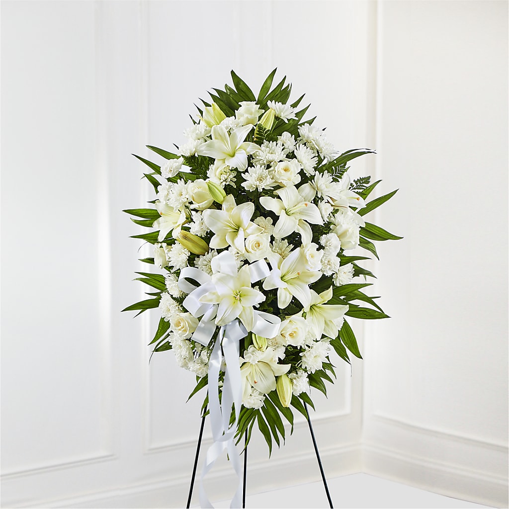 Exquisite Tribute Standing Spray-White Ribbon – Cornerstone Florals, Katy TX
