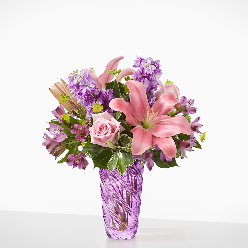 Precious Petals Bouquet with Luxe Swirl Vase – Cornerstone Florals, Katy TX
